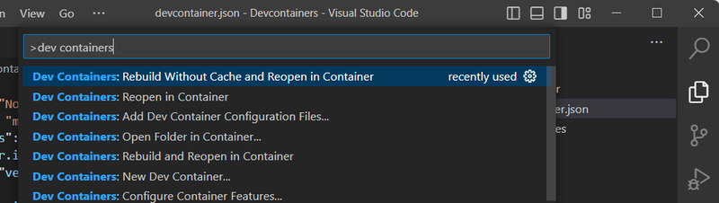 The VS Code Command Palette with commands for using Devcontainers